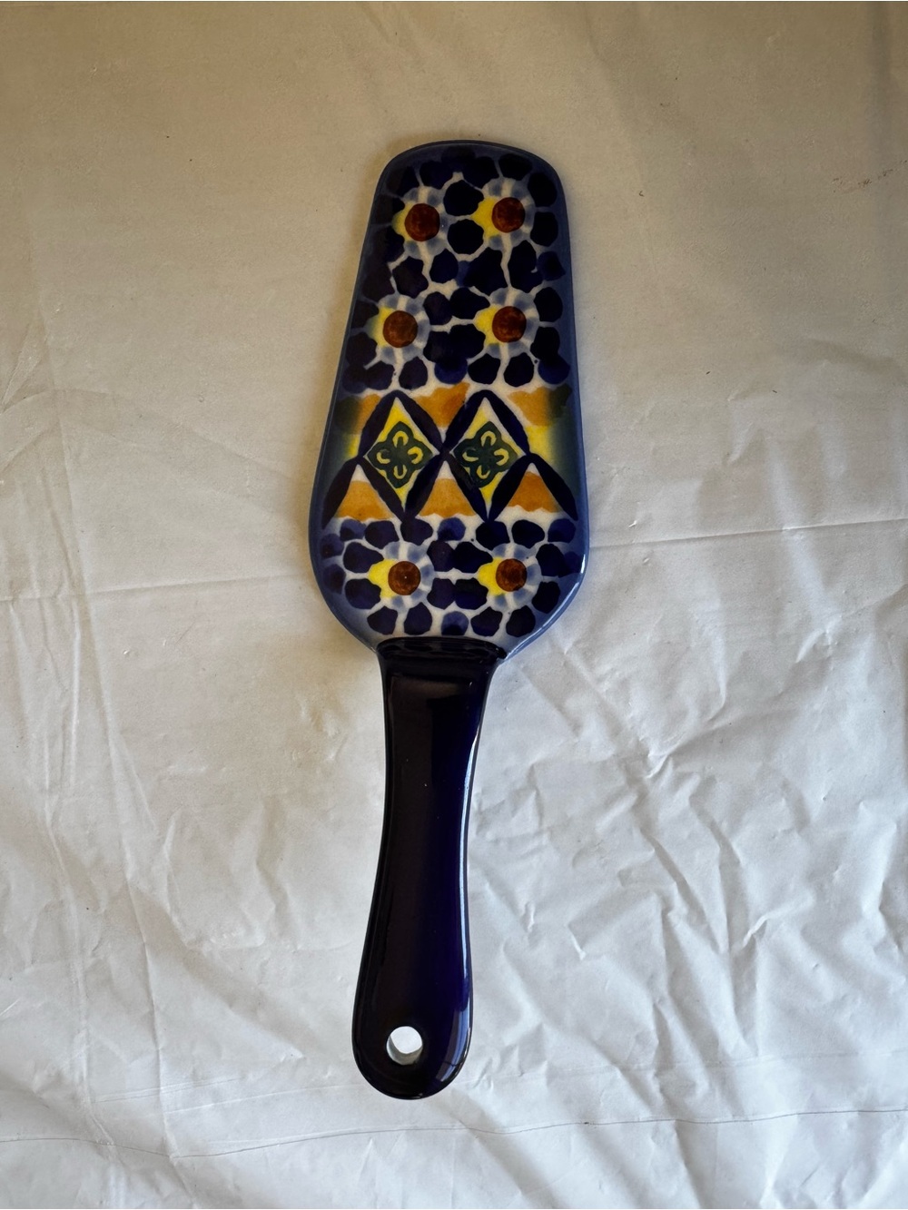 Polish Pottery Ceramic Pie Server Blue, Yellow & Green Floral Design